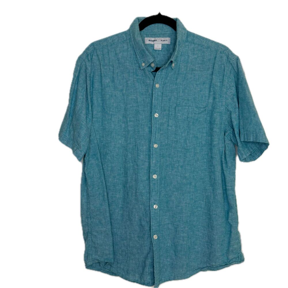 Old Navy Mens L Blue Relaxed Fit Button Down Short Sleeve Shirt Linen Pockets